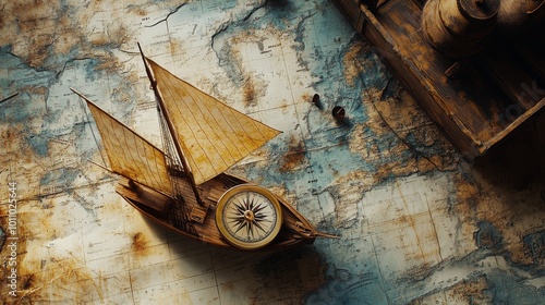 Old sailboat and compass overlay on a weathered map, evoking sea voyages and exploration.