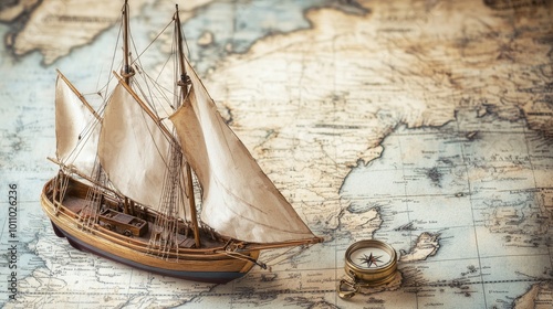 Old sailboat and compass overlay on a weathered map, evoking sea voyages and exploration.