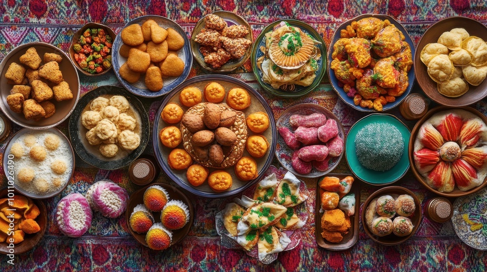 A delightful assortment of traditional sweetmeats displayed on a vibrant textile, capturing the essence of cultural celebrations. A delightful assortment of traditional sweetmeats displayed on a vibrant textile, capturing the essence of cultural celebrations.