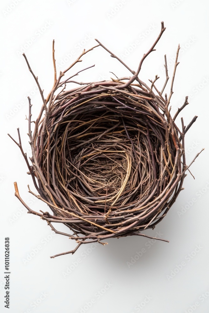 Obraz premium Simple Twig Nest Woven From Branches, Captured From Above on a Neutral Background