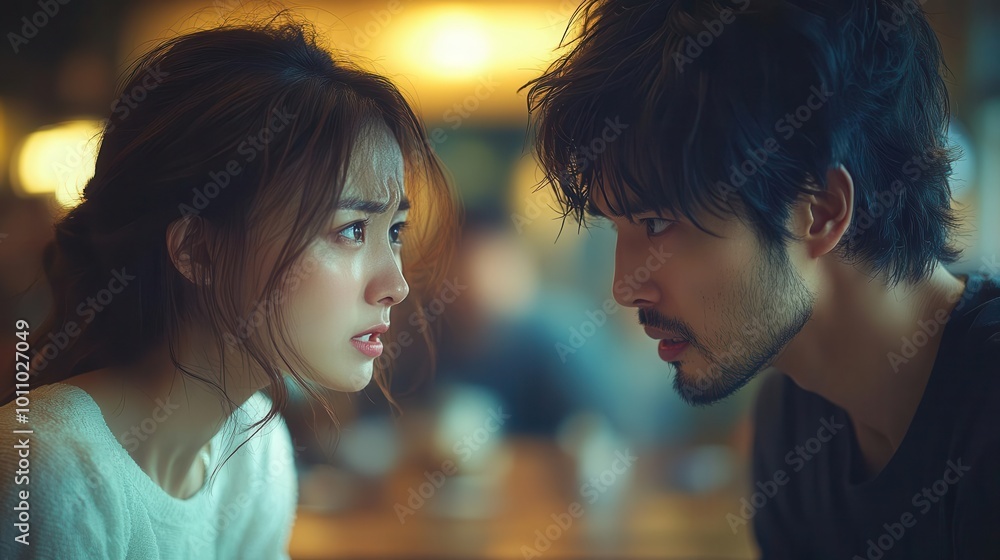 asian couple in a heated argument expressing deep emotions of anger and sadness set against a blurred background that captures the intensity of their troubled relationship asian couple in a heated argument expressing deep emotions of anger and sadness set against a blurred background that captures the intensity of their troubled relationship