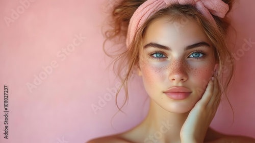 attractive young woman gently touching her neck showcasing radiant skin in a soft pink background emphasizing beauty serenity and selfcare in a minimalist portrait style