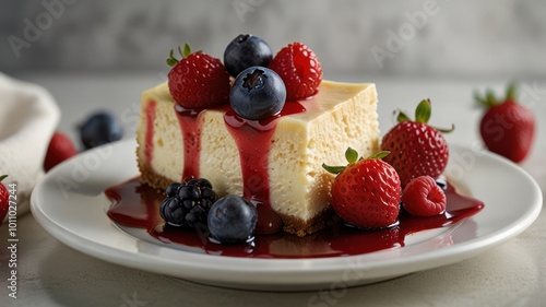 A slice of cheesecake with a berry sauce and fresh berries.