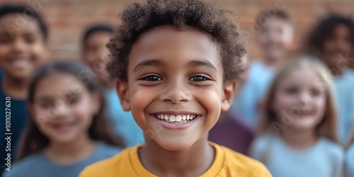 happy smiling children playing outdoors at the school playground, multiethnic and diverse group of cheerful kids enjoying unity and fun, joyful childhood moments in the schoolyard