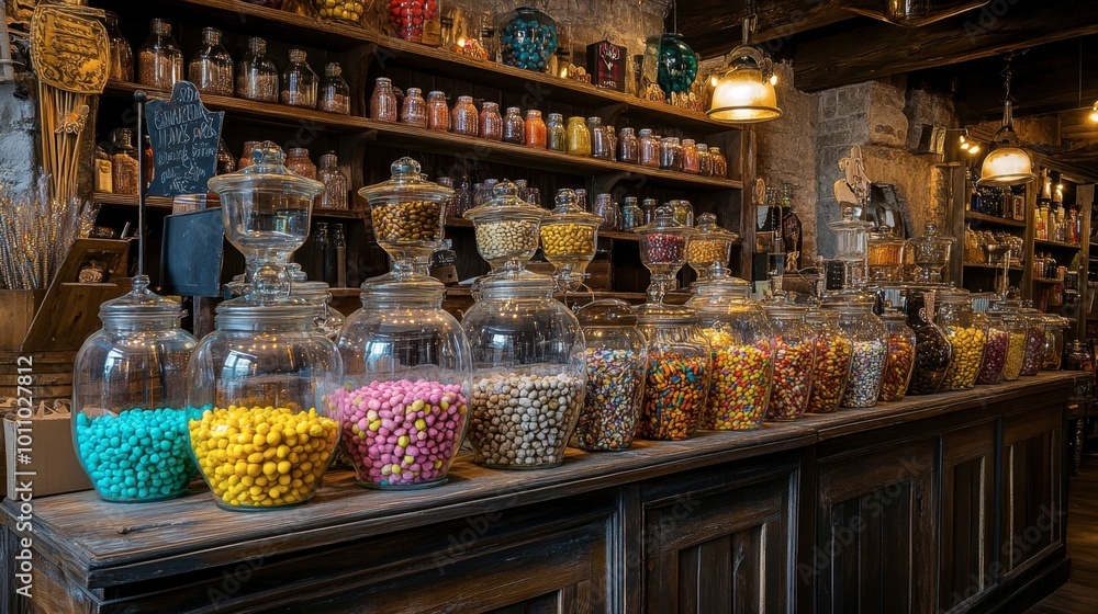 A nostalgic scene of an old-fashioned sweet shop, with jars filled with colorful sweetmeats and a welcoming atmosphere. A nostalgic scene of an old-fashioned sweet shop, with jars filled with colorful sweetmeats and a welcoming atmosphere.