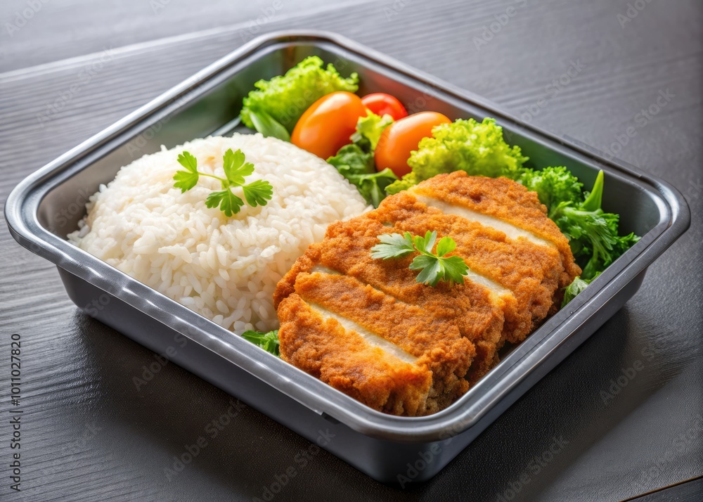 Tasty cutlet and rice served in a convenient plastic delivery box, perfect for hassle-free meal options and enjoyable Tasty cutlet and rice served in a convenient plastic delivery box, perfect for hassle-free meal options and enjoyable