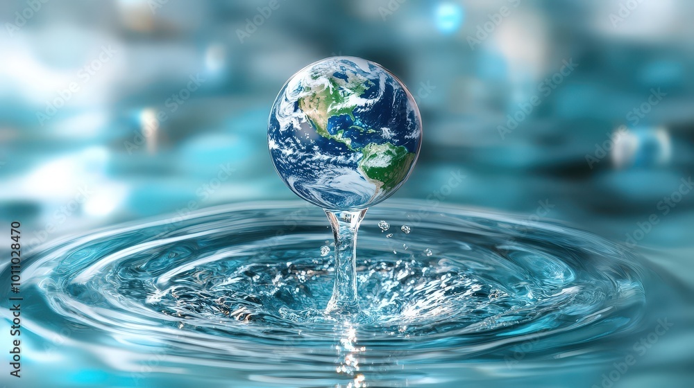 Earth Floating Above Water Surface with Ripple Effect Earth Floating Above Water Surface with Ripple Effect