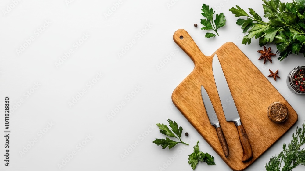 Kitchen Essentials Wooden Cutting Board Knives Herbs and Spices Kitchen Essentials Wooden Cutting Board Knives Herbs and Spices