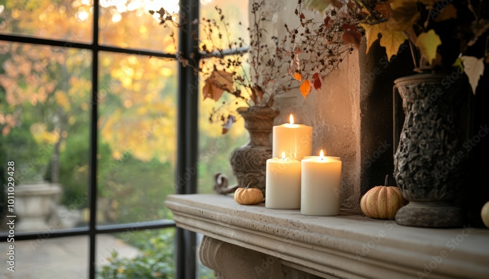 Autumn Candles on Mantel with Window View Autumn Candles on Mantel with Window View