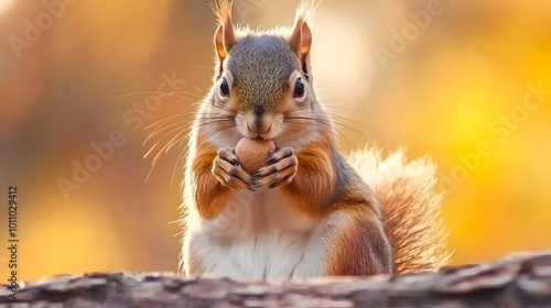 A close-up of a squirrel holding a nut, set against a warm, blurred background of autumn colors.