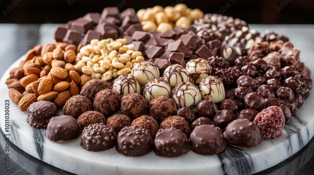 A rich display of chocolate-covered sweetmeats with a sprinkling of nuts, served on a marble platter. A rich display of chocolate-covered sweetmeats with a sprinkling of nuts, served on a marble platter.