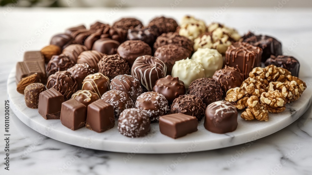 A rich display of chocolate-covered sweetmeats with a sprinkling of nuts, served on a marble platter. A rich display of chocolate-covered sweetmeats with a sprinkling of nuts, served on a marble platter.