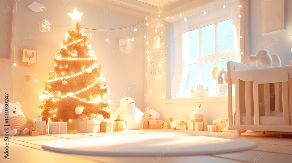 A cozy, festive room featuring a brightly lit Christmas tree, soft toys, and gentle decorations, creating a warm holiday atmosphere. A cozy, festive room featuring a brightly lit Christmas tree, soft toys, and gentle decorations, creating a warm holiday atmosphere.