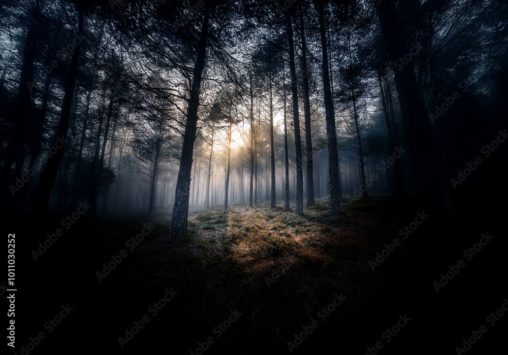 Sunlight peeks through the dense canopy of a foggy forest. Sunlight peeks through the dense canopy of a foggy forest.