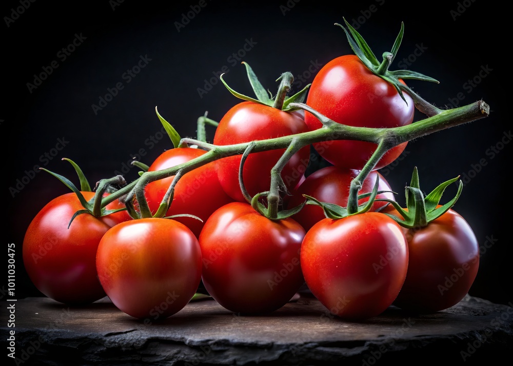 Vibrant fresh tomatoes on a branch set against a sleek black background, ideal for culinary presentations and gardening Vibrant fresh tomatoes on a branch set against a sleek black background, ideal for culinary presentations and gardening