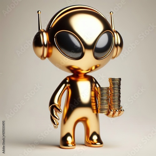 a cute and cool gold shinny metallic futuristic Alien AI character photo