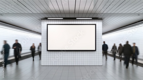 An empty billboard in a modern subway station with people walking by, ideal for advertising space or urban lifestyle imagery.