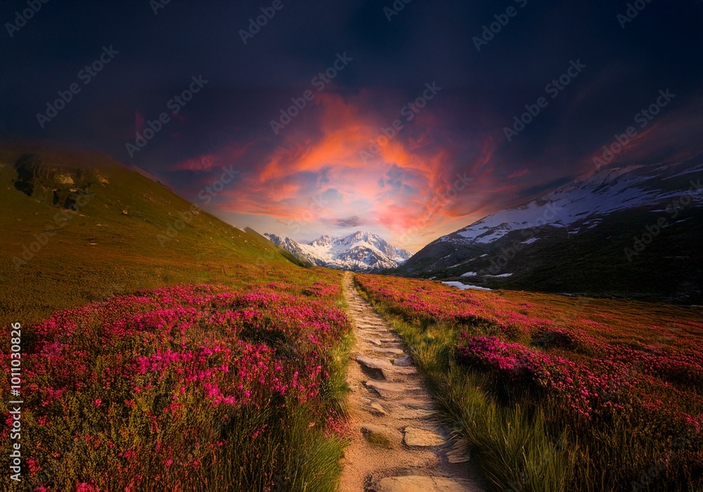 Fototapeta premium A winding stone path leads through a field of pink wildflowers toward a snow-capped mountain peak. The sky above is a vibrant orange and pink.