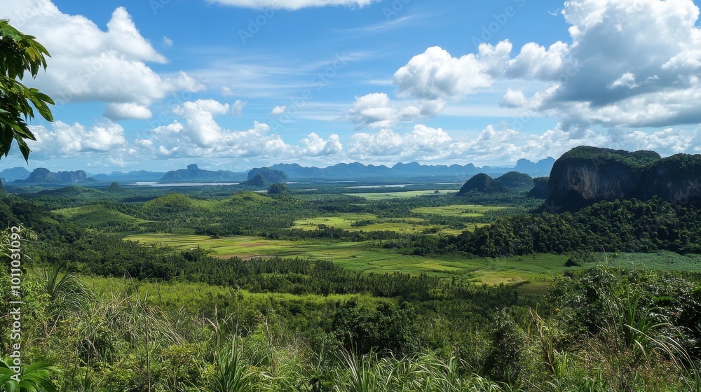 A scenic viewpoint at Phang Nga National Park, overlooking vast stretches of green hills and limestone formations. A scenic viewpoint at Phang Nga National Park, overlooking vast stretches of green hills and limestone formations.