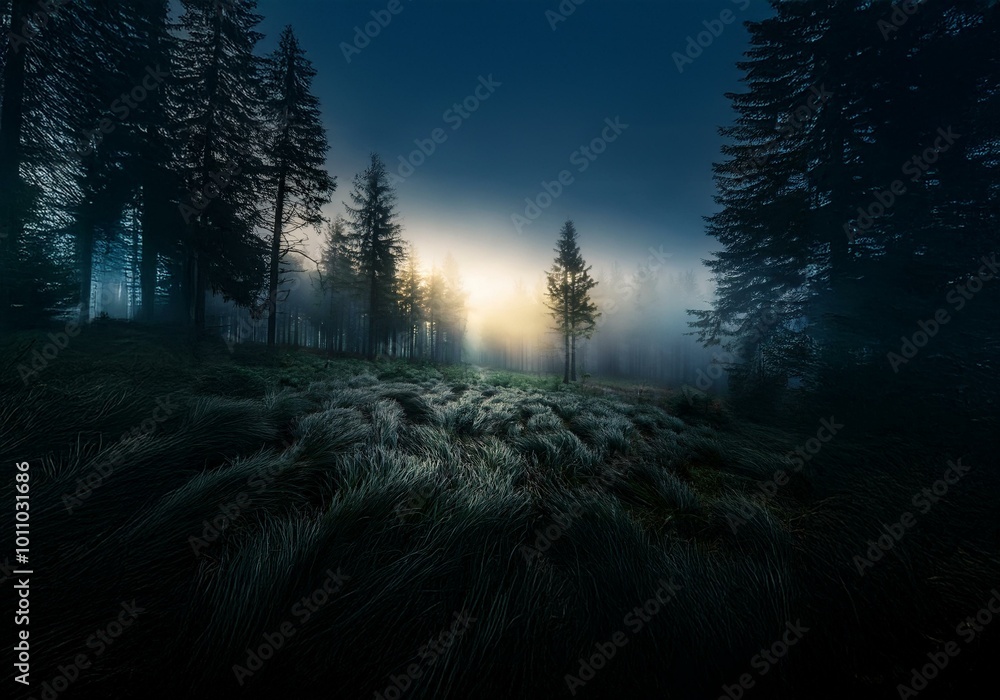 Sunrise through misty forest with tall evergreens silhouetted against the light. Sunrise through misty forest with tall evergreens silhouetted against the light.