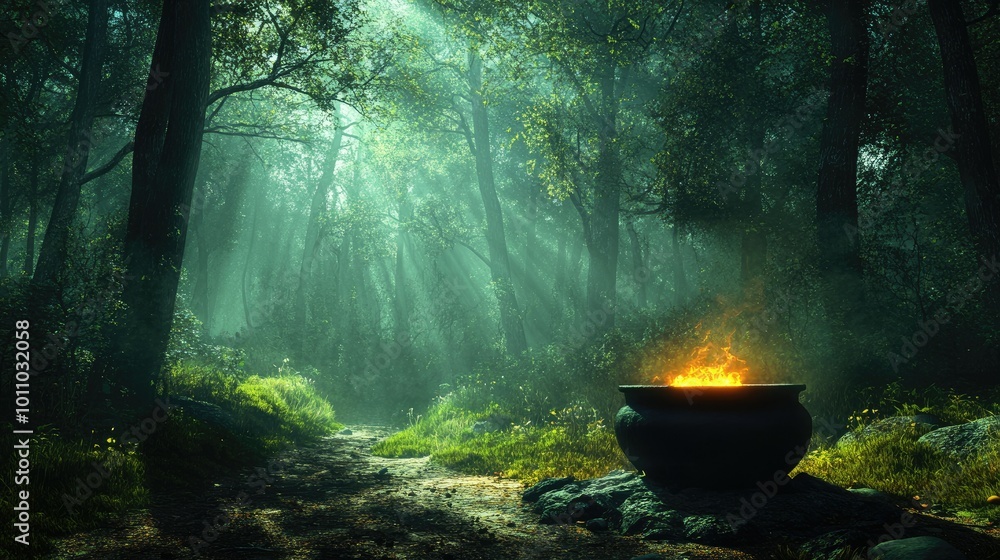 Forest scene with a witch cauldron glowing, magical mist and shadows creating a spooky atmosphere. Forest scene with a witch cauldron glowing, magical mist and shadows creating a spooky atmosphere.
