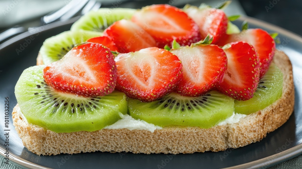 Fresh fruit sandwich with strawberries and kiwi, perfect for a healthy snack or breakfast, bright colors and fresh look. Fresh fruit sandwich with strawberries and kiwi, perfect for a healthy snack or breakfast, bright colors and fresh look.