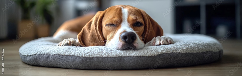 Peaceful Beagle Puppy Sleeping on a Cozy Dog Bed Indoors Peaceful Beagle Puppy Sleeping on a Cozy Dog Bed Indoors