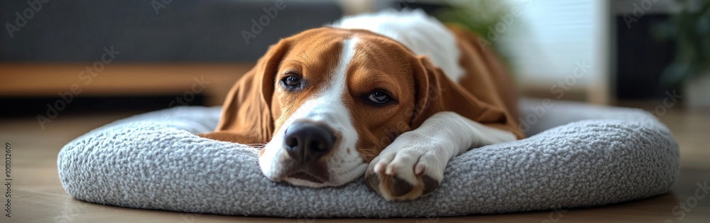 Obraz premium Peaceful Beagle Puppy Sleeping on a Cozy Dog Bed Indoors
