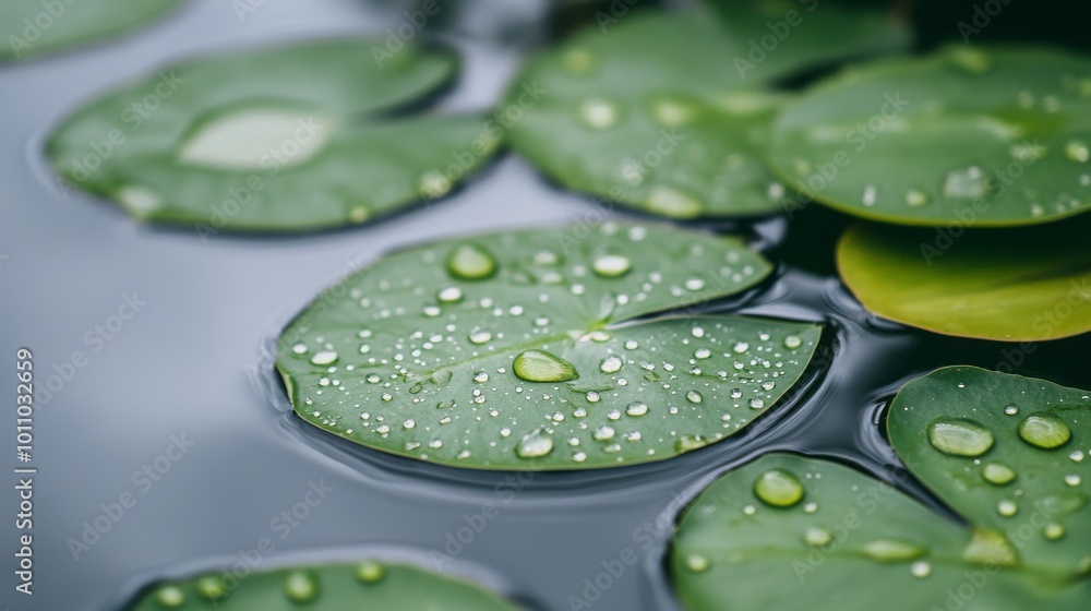 Raindrops Resting on Green Lily Pads in a Serene Pond During a Calm Morning Raindrops Resting on Green Lily Pads in a Serene Pond During a Calm Morning