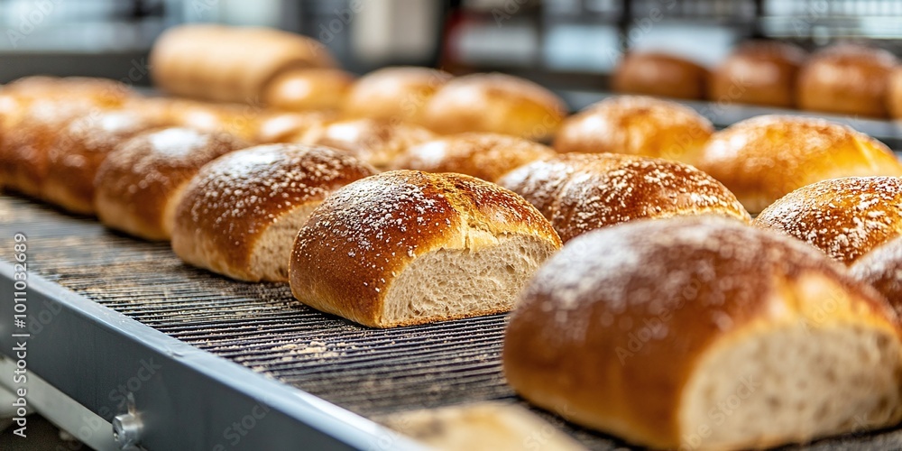 assortment of fresh bread loaves being made on automated production line, highlighting the modern bread manufacturing process in a large bakery factory, with a focus on freshness and quality assortment of fresh bread loaves being made on automated production line, highlighting the modern bread manufacturing process in a large bakery factory, with a focus on freshness and quality