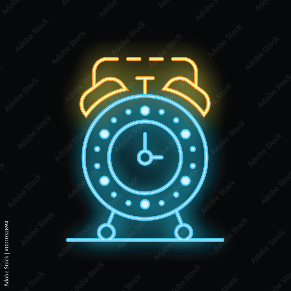 Neon alarm clock ringing, glowing blue and yellow on a dark background Neon alarm clock ringing, glowing blue and yellow on a dark background