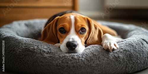 Peaceful Beagle Puppy Sleeping on a Cozy Dog Bed Indoors