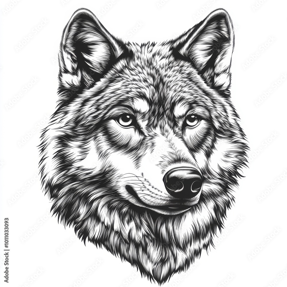 Detailed Illustration of a Wolf's Head in Black and White Showcasing Sharp Features and Intense Gaze Detailed Illustration of a Wolf's Head in Black and White Showcasing Sharp Features and Intense Gaze