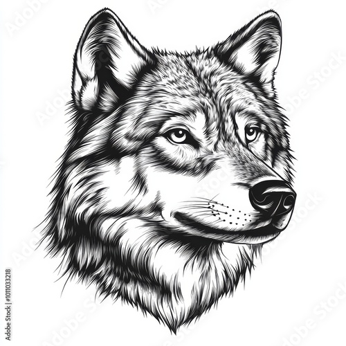 Detailed Illustration of a Wolf's Head in Black and White Showcasing Sharp Features and Intense Gaze