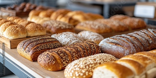 assortment of fresh bread loaves being made on automated production line, highlighting the modern bread manufacturing process in a large bakery factory, with a focus on freshness and quality