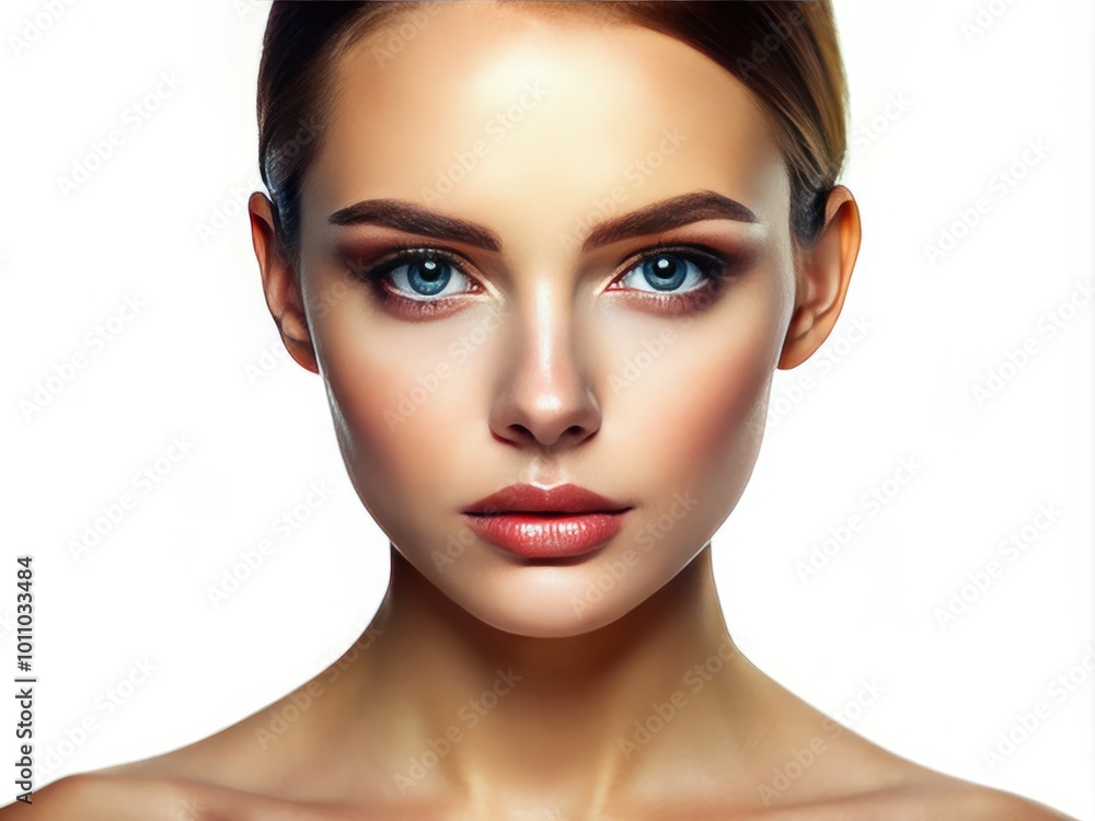 A breathtaking portrait of a woman's face, highlighting natural skin texture against a pristine white background, A breathtaking portrait of a woman's face, highlighting natural skin texture against a pristine white background,