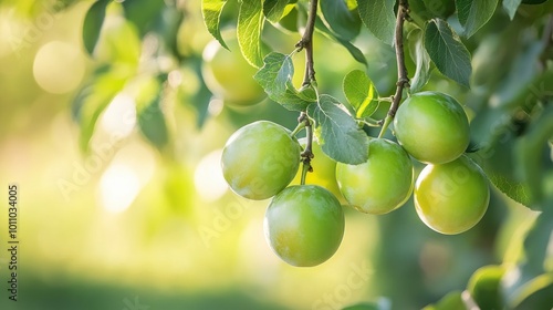 Green plum tree branch with ripe fruits in a garden, highlighting the beauty of fresh produce.