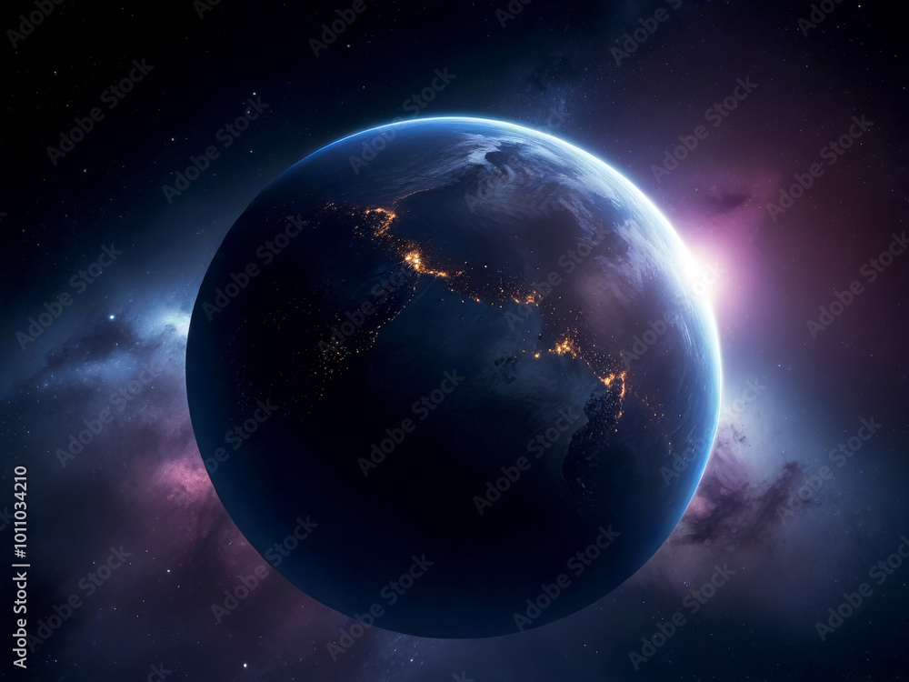Fototapeta premium Mysterious Planet in Deep Space with Starry Background and Cosmic Glow