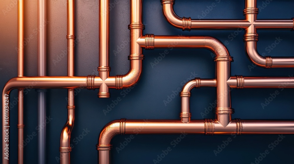Fototapeta premium Close-up view of copper pipes with intricate connections against a dark wall, showcasing plumbing design and industrial aesthetics.