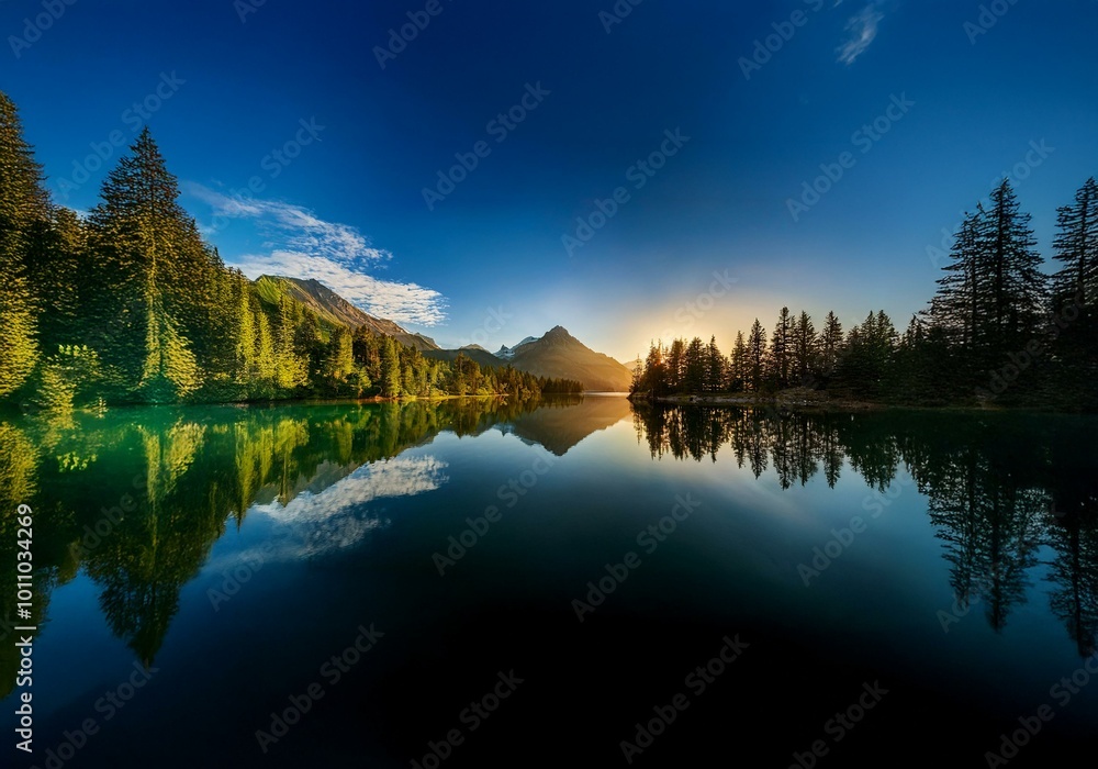 A tranquil scene with a calm lake reflecting the surrounding mountains and trees. A tranquil scene with a calm lake reflecting the surrounding mountains and trees.