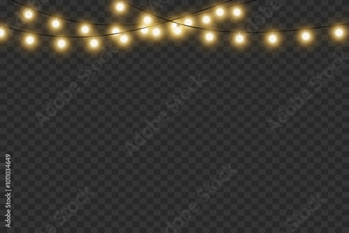 Glowing festive garland of light. Light bulbs. On a transparent background.