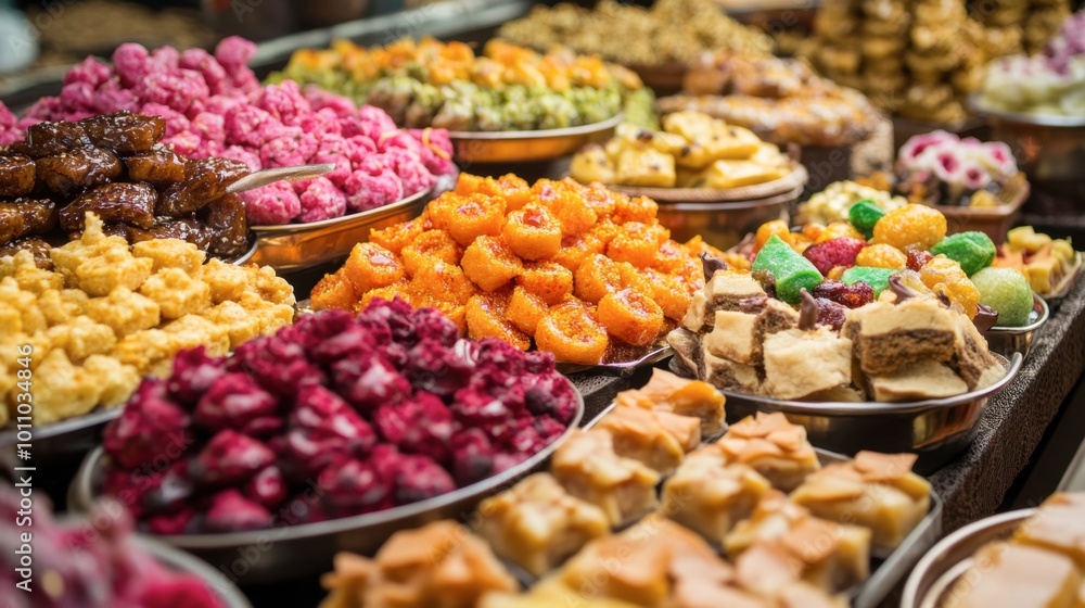 A vibrant dessert display at a cultural festival, featuring traditional sweetmeats and enticing aromas. A vibrant dessert display at a cultural festival, featuring traditional sweetmeats and enticing aromas.