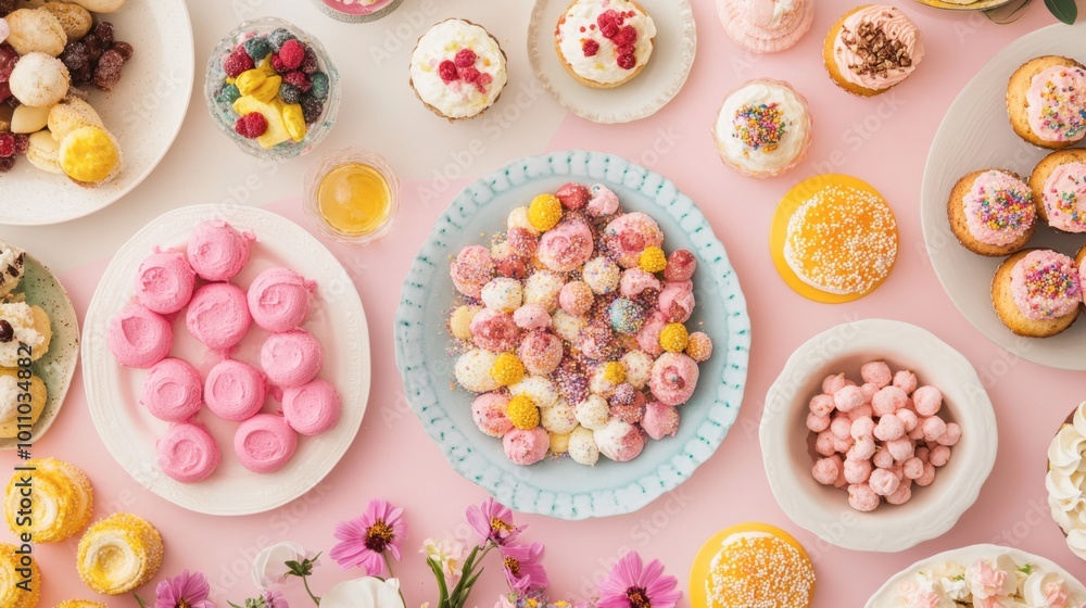A vibrant dessert spread at a bridal shower, featuring sweetmeats and treats to celebrate the occasion. A vibrant dessert spread at a bridal shower, featuring sweetmeats and treats to celebrate the occasion.