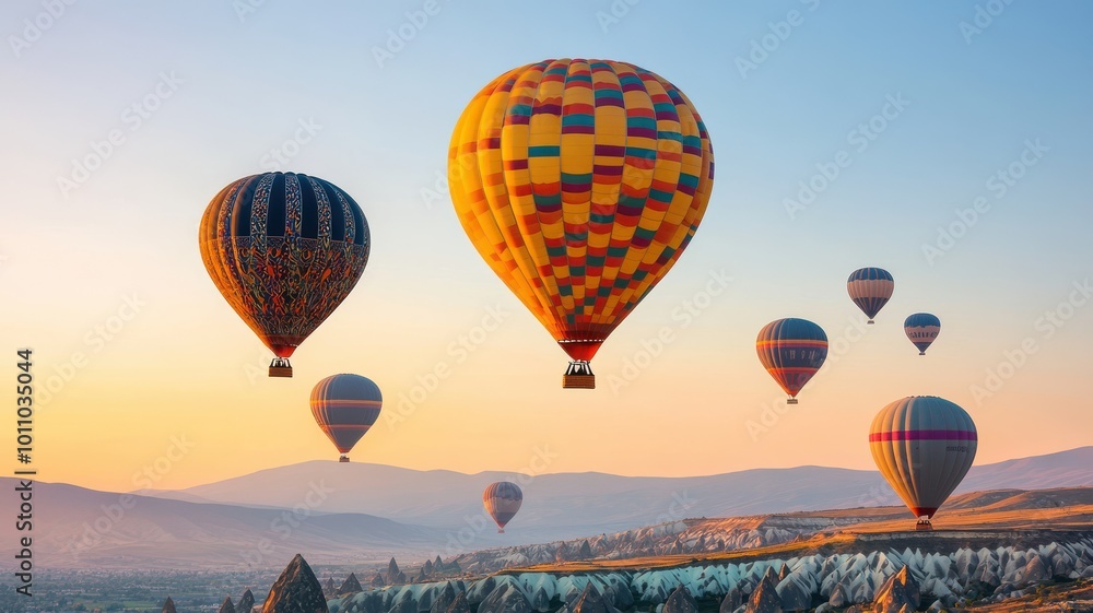 Obraz premium Colorful hot air balloons soaring over a breathtaking landscape at sunrise, creating a serene and picturesque view of nature.
