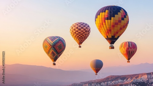 Colorful hot air balloons soar gracefully over a serene landscape at sunrise, offering a breathtaking aerial view.