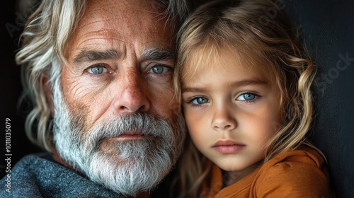 A grandfather and granddaughter share a tender moment, gazing thoughtfully into the distance in soft natural light