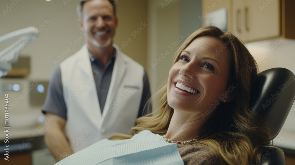 Dental patient woman is smiling in the dentist's chair while their man dentist stands behind. Dental patient woman is smiling in the dentist's chair while their man dentist stands behind.