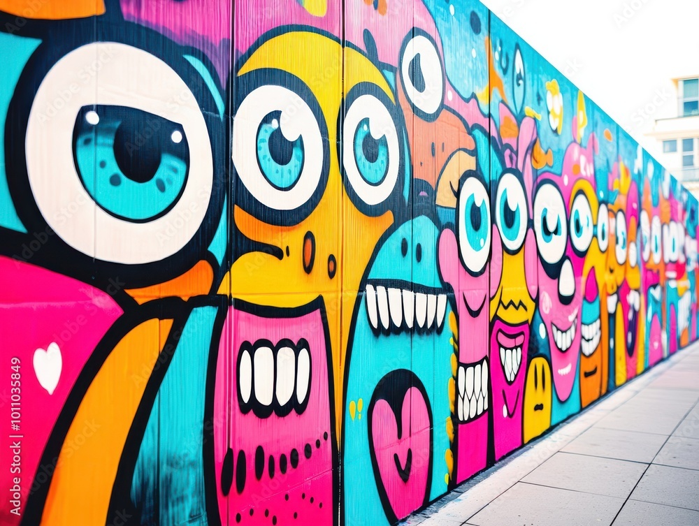 Obraz premium Colorful street art featuring vibrant, playful characters on a wall, showcasing creativity and urban culture.