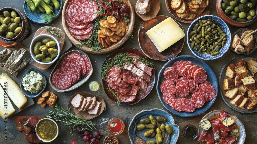 A vibrant spread of Northern appetizers, including cured meats, pickles, and cheeses, perfect for entertaining guests. A vibrant spread of Northern appetizers, including cured meats, pickles, and cheeses, perfect for entertaining guests.