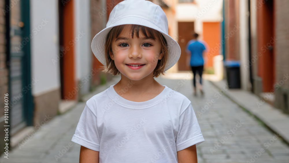 Little girl with short hair wearing white t-shirt and white bucket hat standing in a city alley Little girl with short hair wearing white t-shirt and white bucket hat standing in a city alley